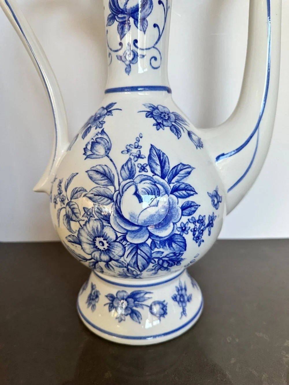 Vintage Norleans Japan Blue & White Floral Tall Teapot/Water Vessel (21 x 11 in)